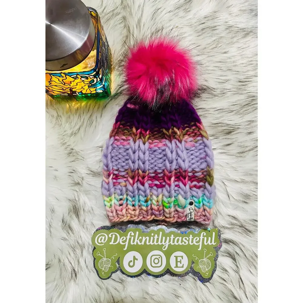 Handmade Neon Merino Wool Beanie: Colorful Winter Hat with Faux Fur Pom